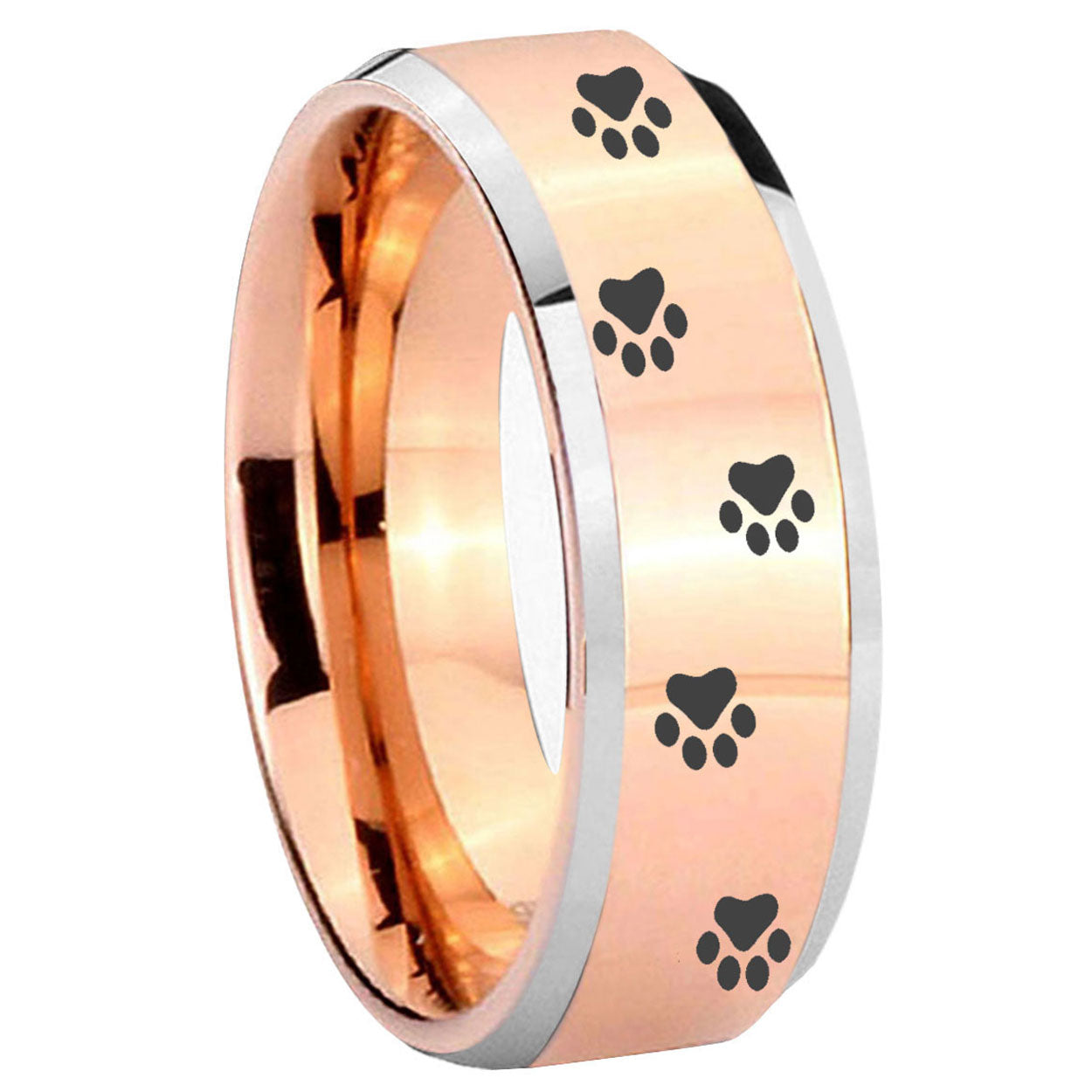 8MM Paw Print Beveled Rose Gold Tungsten Wedding Band For Men