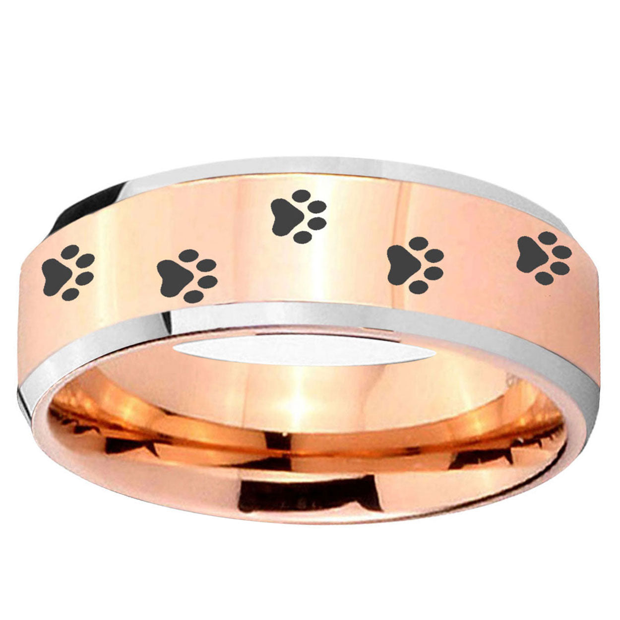 5MM Paw Print Beveled Rose Gold Tungsten Wedding Band For Men
