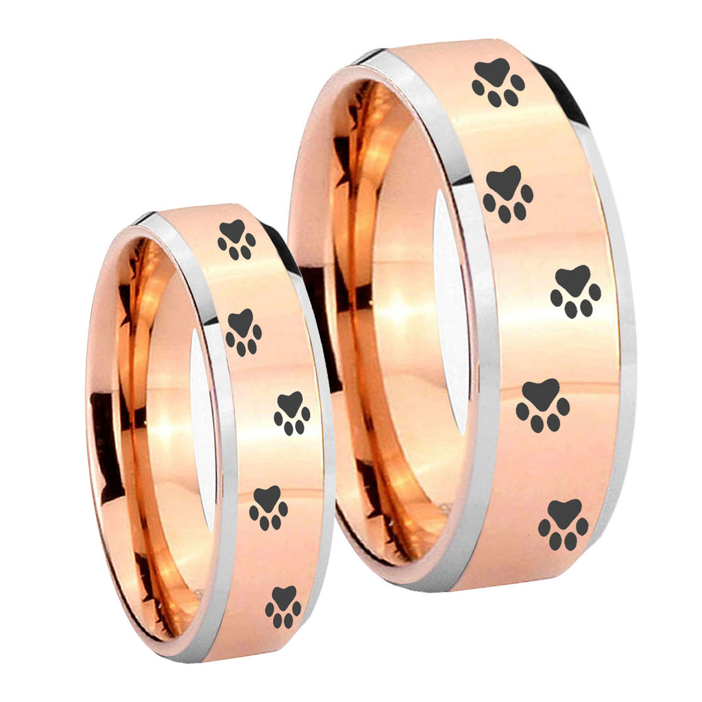 Paw Print Beveled Edges Rose Gold Tungsten Bridal Set Rings