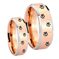 Paw Print Beveled Edges Rose Gold Tungsten Bridal Set Rings
