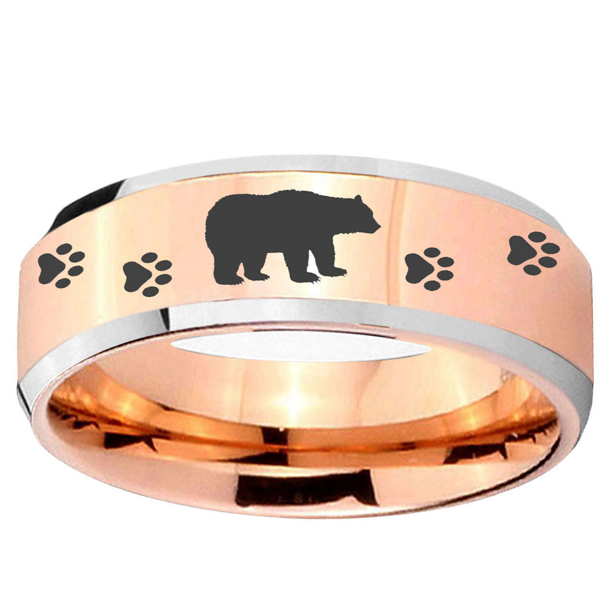 10mm Bear and Paw Beveled Edge Rose Gold Tungsten Ring