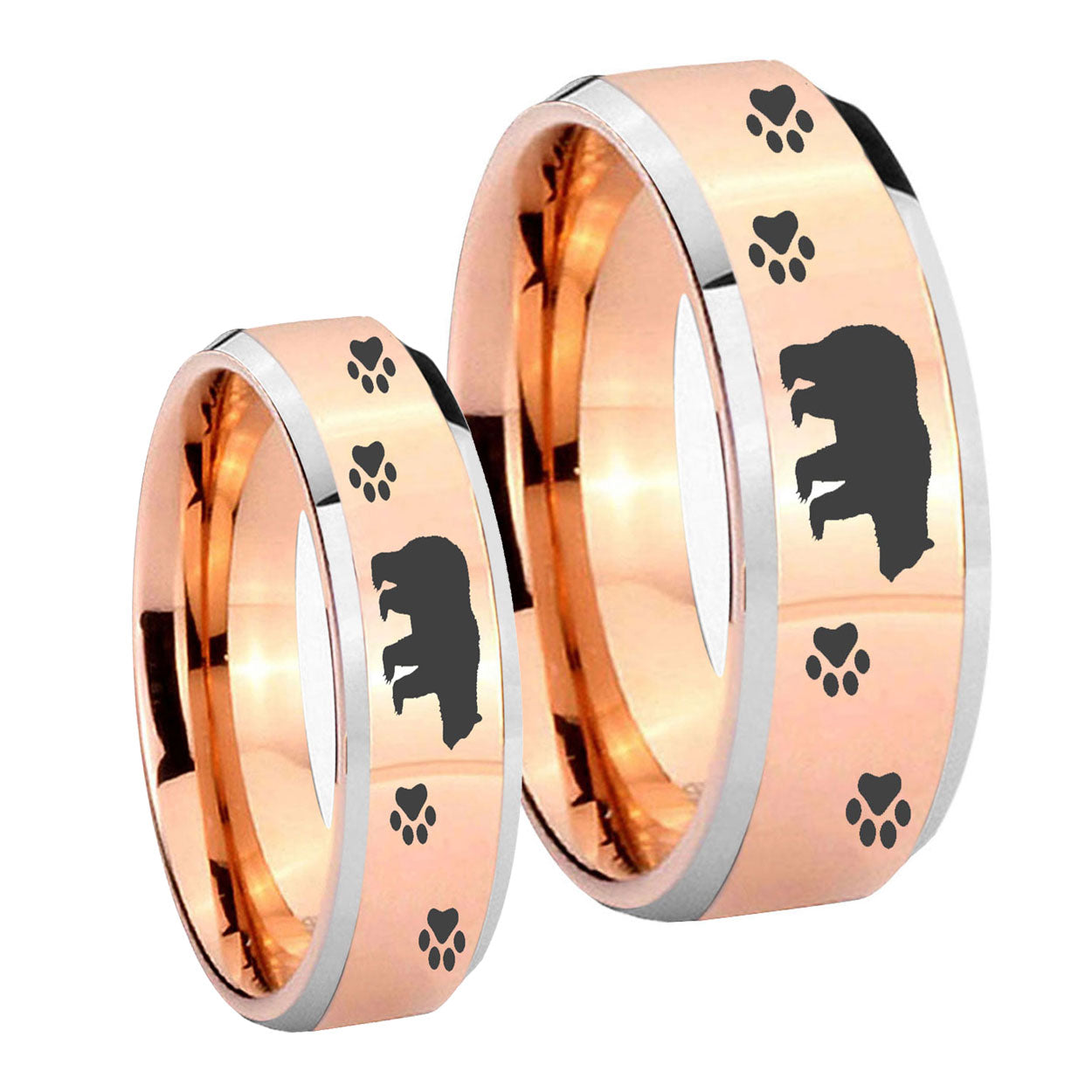 Bear and Paw Beveled Edges Rose Gold Tungsten Bridal Set Rings
