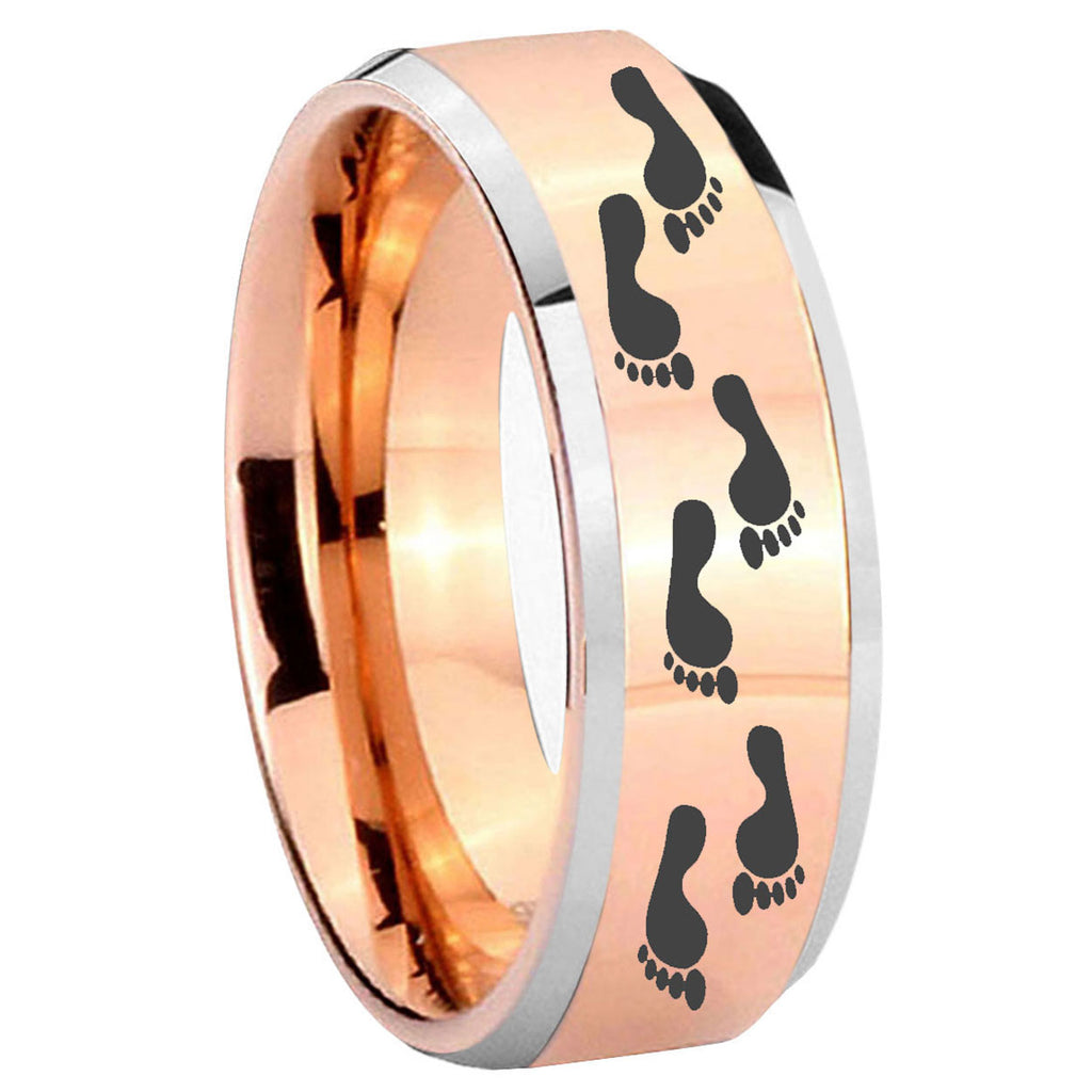 8MM Foot Print Beveled Rose Gold Tungsten Promise Ring For Him