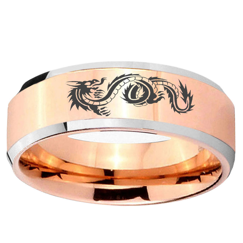 10mm Dragon Beveled Edge Rose Gold Tungsten Ring