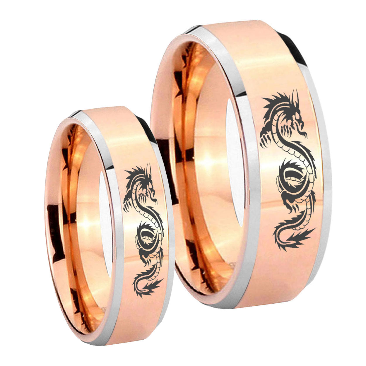 Dragon Beveled Edges Rose Gold Tungsten His Hers Set Rings