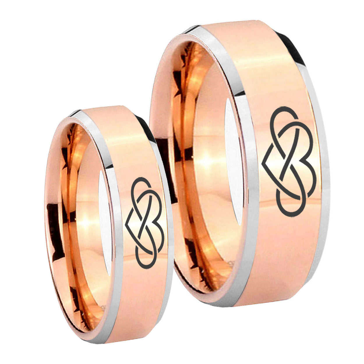 Infinity Love Beveled Edges Rose Gold Tungsten Wedding Set Rings