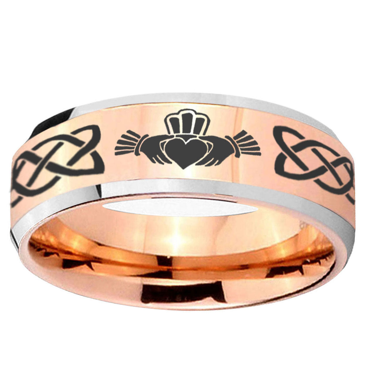 5MM Irish Claddagh Beveled Rose Gold Tungsten Ring For Him