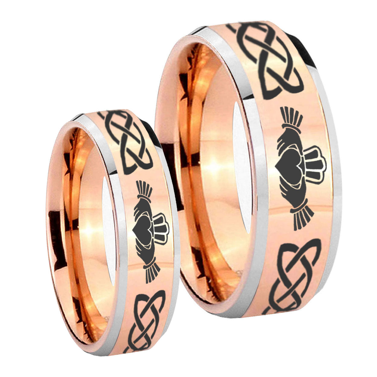 Irish Claddagh Beveled Edges Rose Gold Tungsten His Hers Ring Set