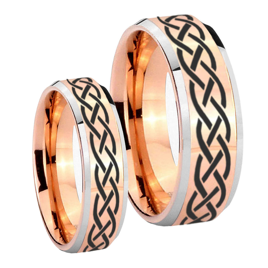 Celtic Knot Beveled Edges Rose Gold Tungsten Wedding Ring Set