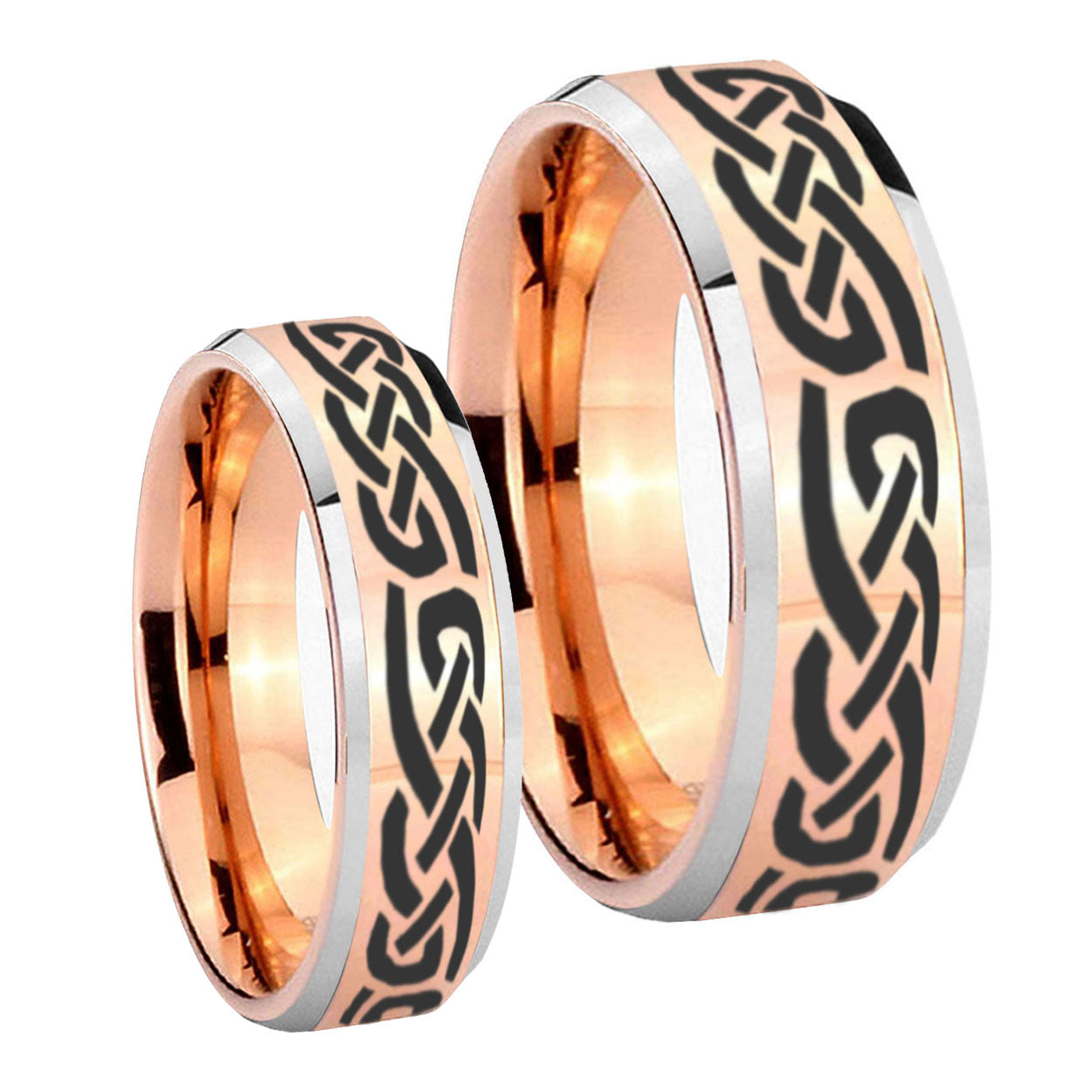 Celtic Knot Infinity Love Beveled Edges Rose Gold Tungsten Mens Set Ring