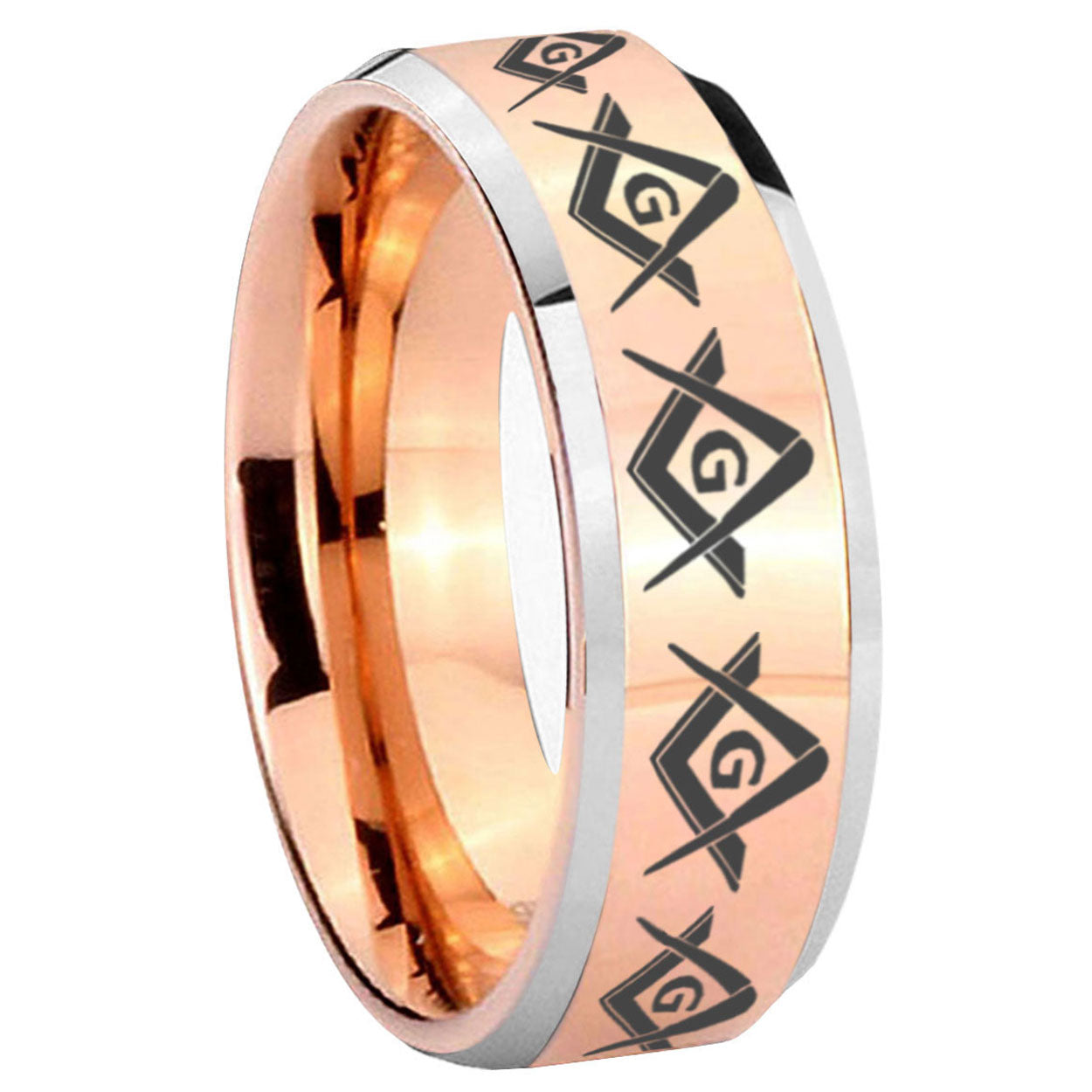 8MM Masonic Square and Compass Beveled Rose Gold Tungsten Band
