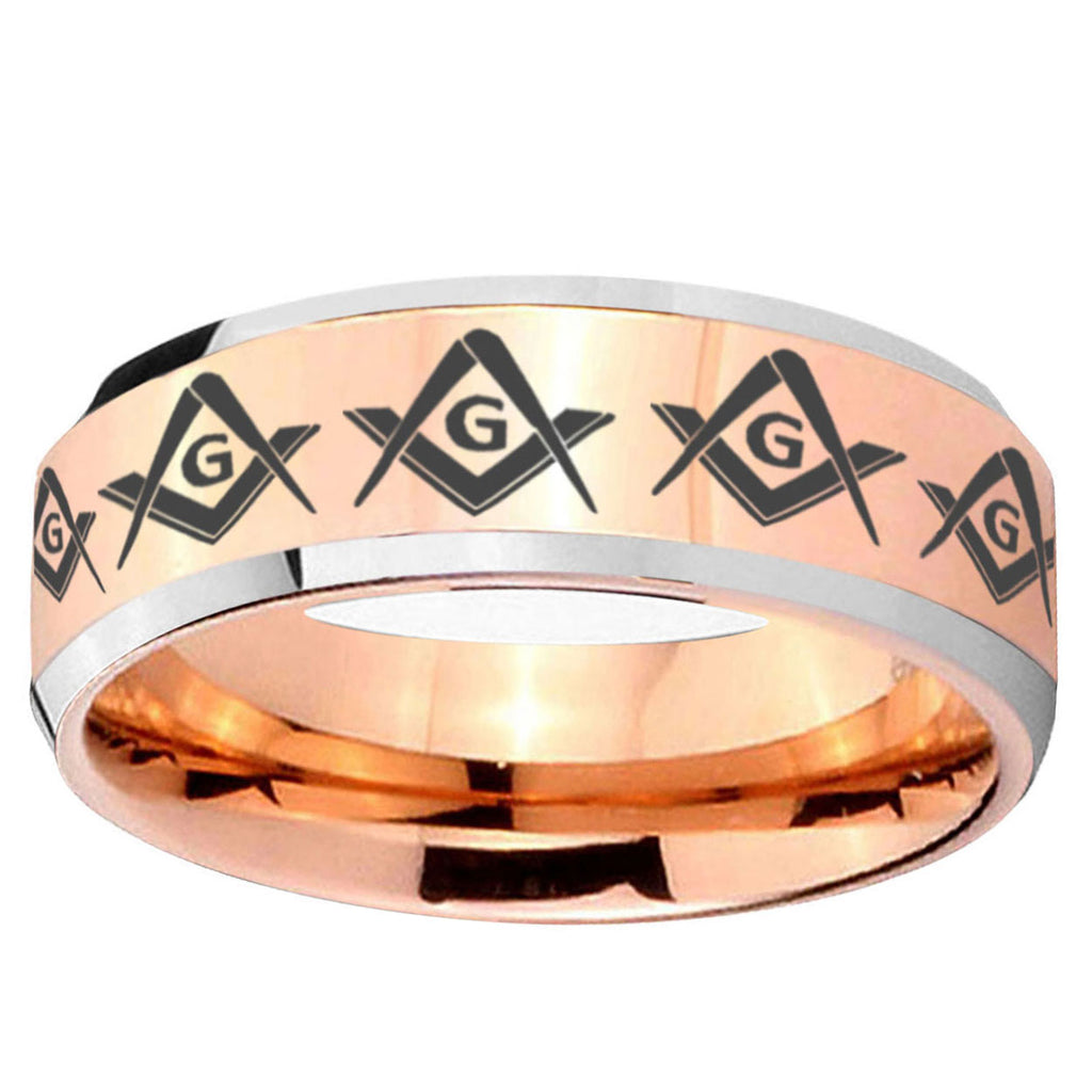 5MM Masonic Square and Compass Beveled Rose Gold Tungsten Band