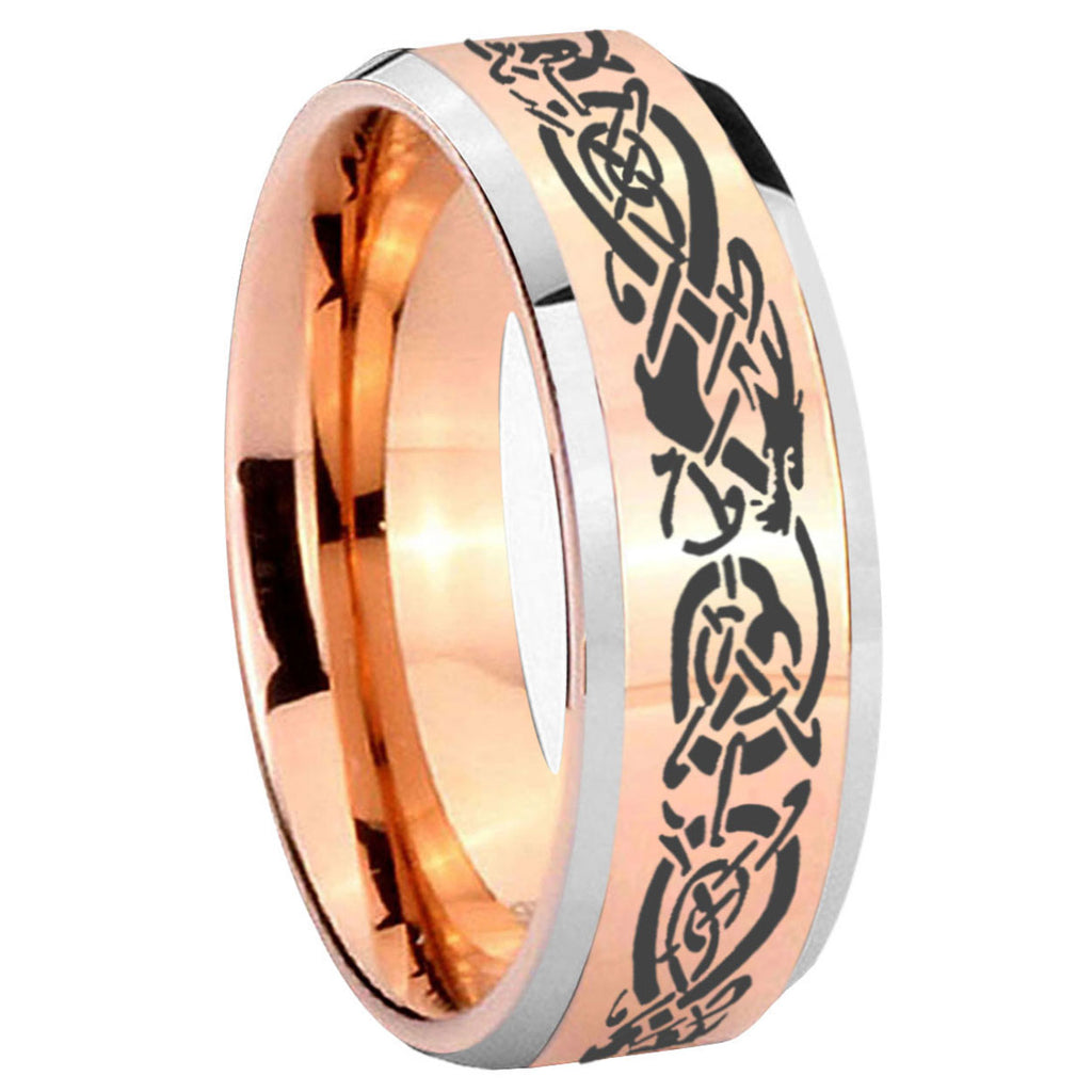 10mm Celtic Knot Dragon Beveled Edges Rose Gold Tungsten Men's Engagement Ring