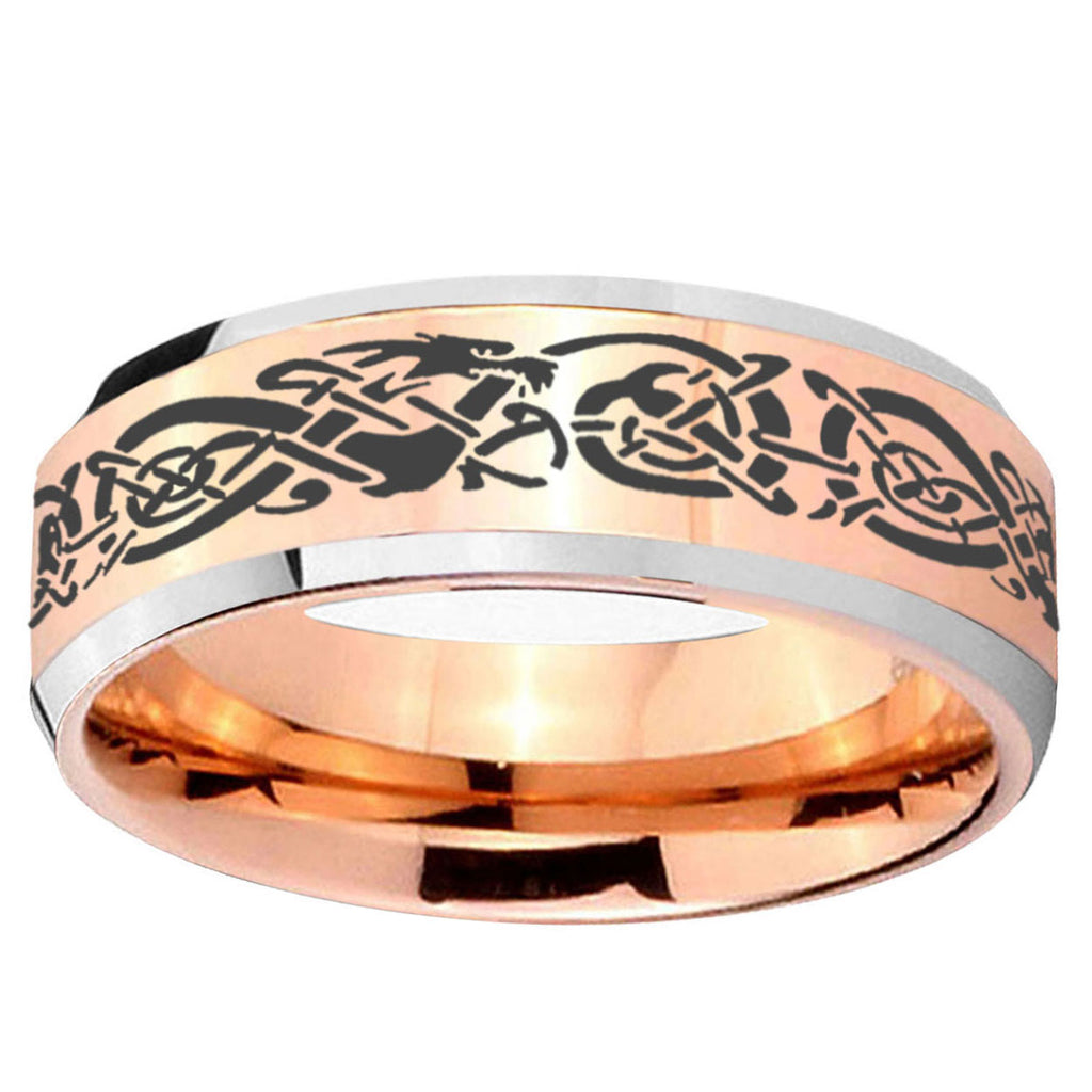 10mm Celtic Knot Dragon Beveled Edge Rose Gold Tungsten Ring