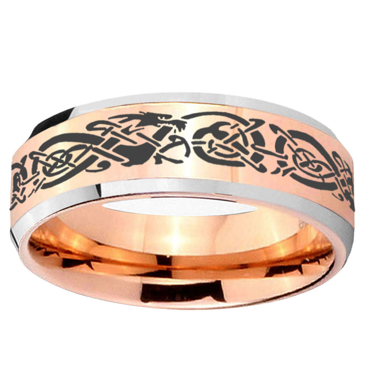 10mm Celtic Knot Dragon Beveled Edge Rose Gold Tungsten Ring