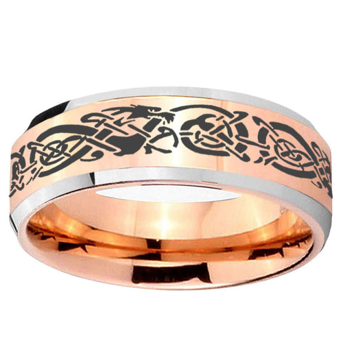 10mm Celtic Knot Dragon Beveled Edge Rose Gold Tungsten Ring