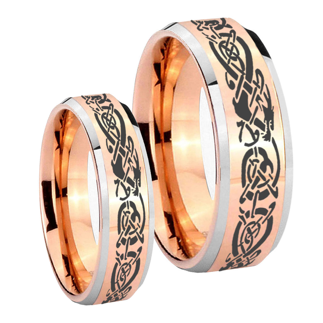 Celtic Knot Dragon Beveled Rose Gold Tungsten Wedding Ring Set
