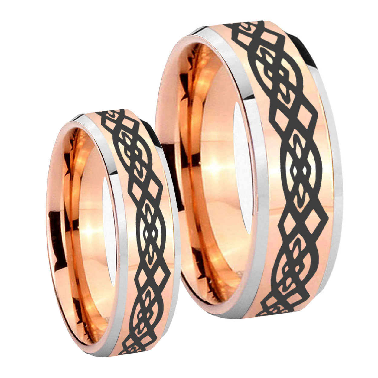 Celtic Knot Beveled Edges Rose Gold Tungsten Mens Band Set