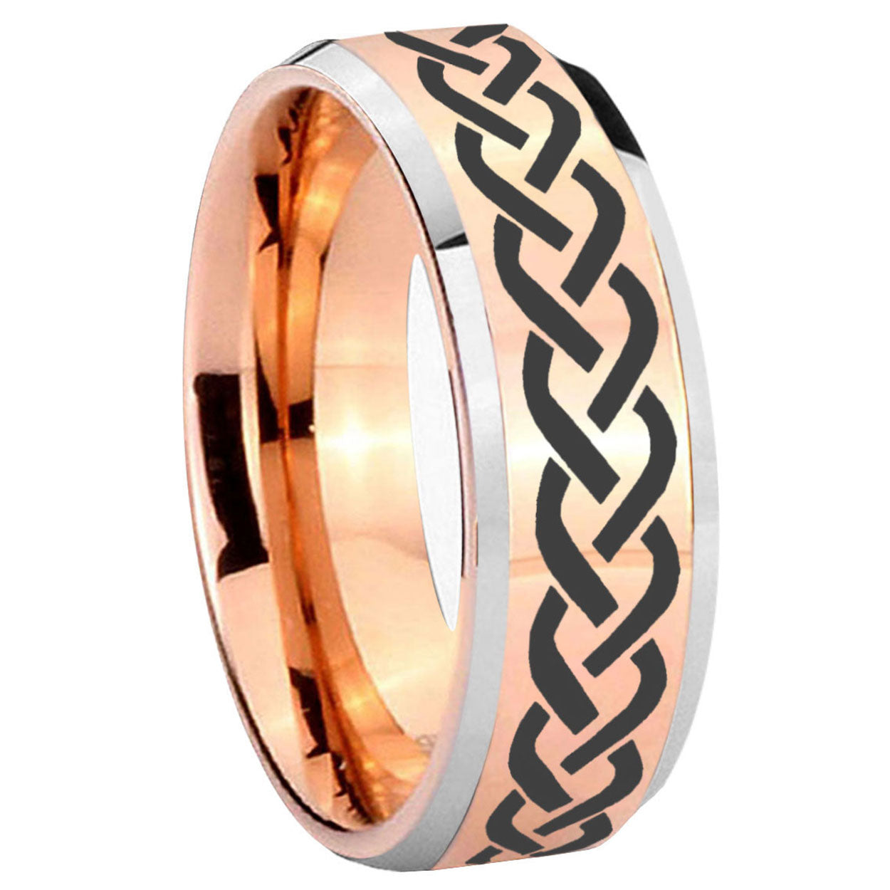 8MM Laser Celtic Knot Beveled Rose Gold Tungsten Mens Ring