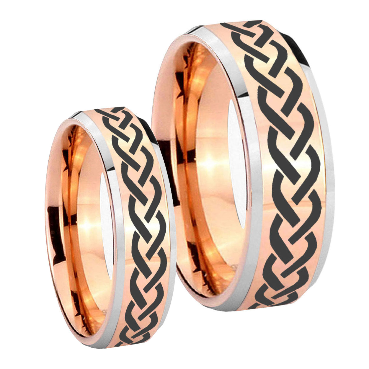 Laser Celtic Knot Beveled Edges Rose Gold Tungsten His and Hers