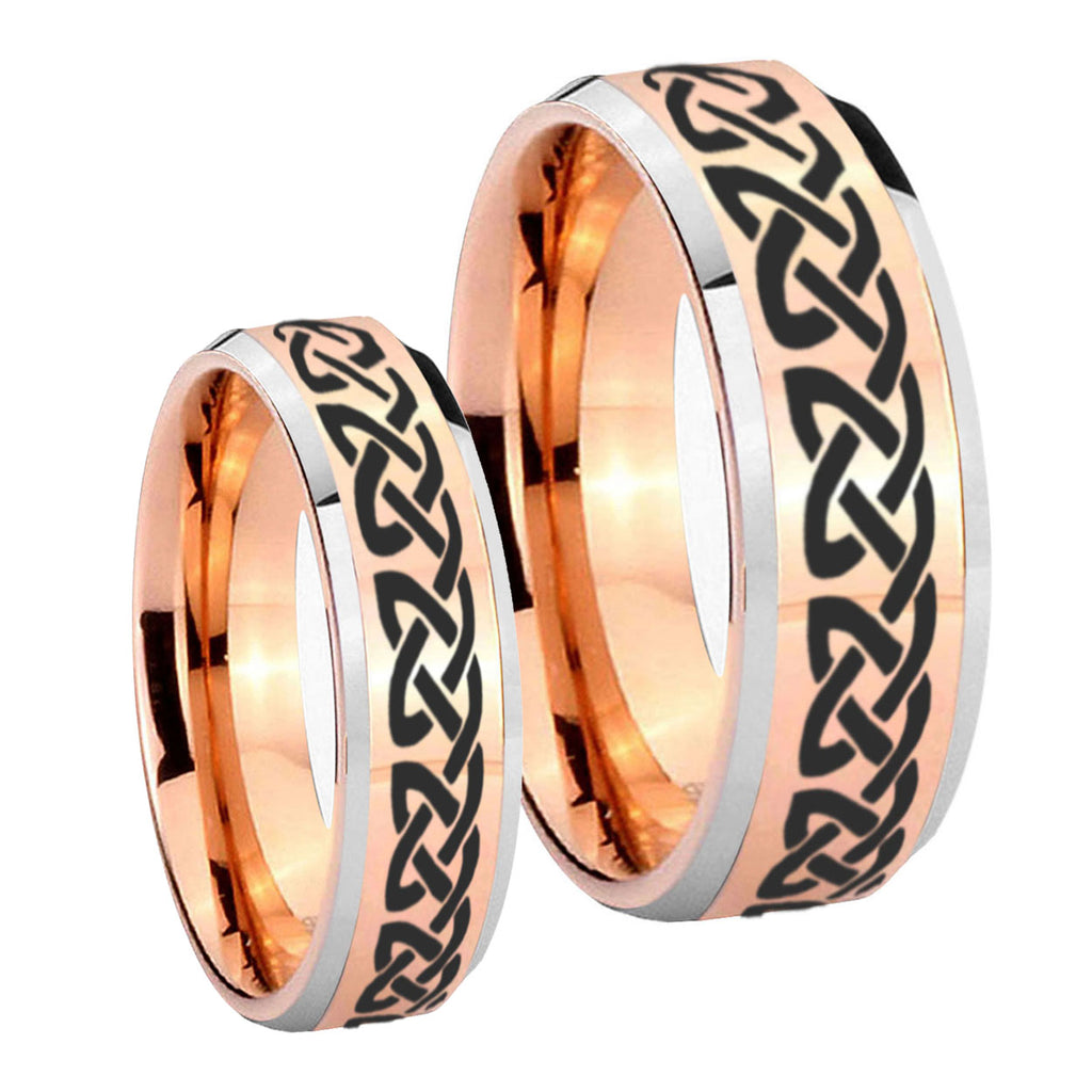 Celtic Knot Love Beveled Edges Rose Gold Tungsten Engagement Ring Set
