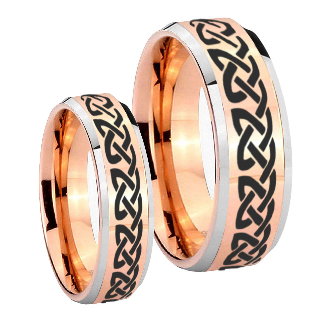 Celtic Knot Love Beveled Edges Rose Gold Tungsten Engagement Ring Set