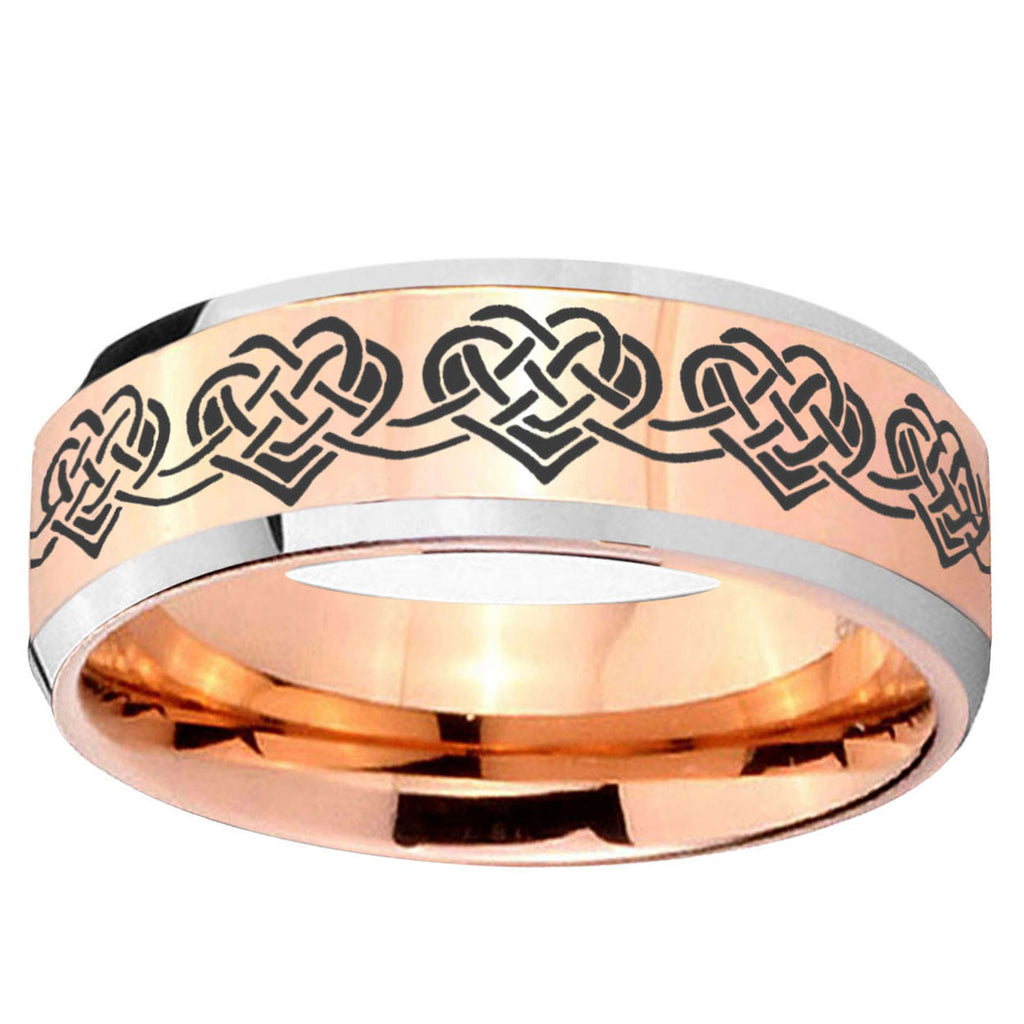 10mm Celtic Knot Heart Beveled Edge Rose Gold Tungsten Wedding Bands Ring