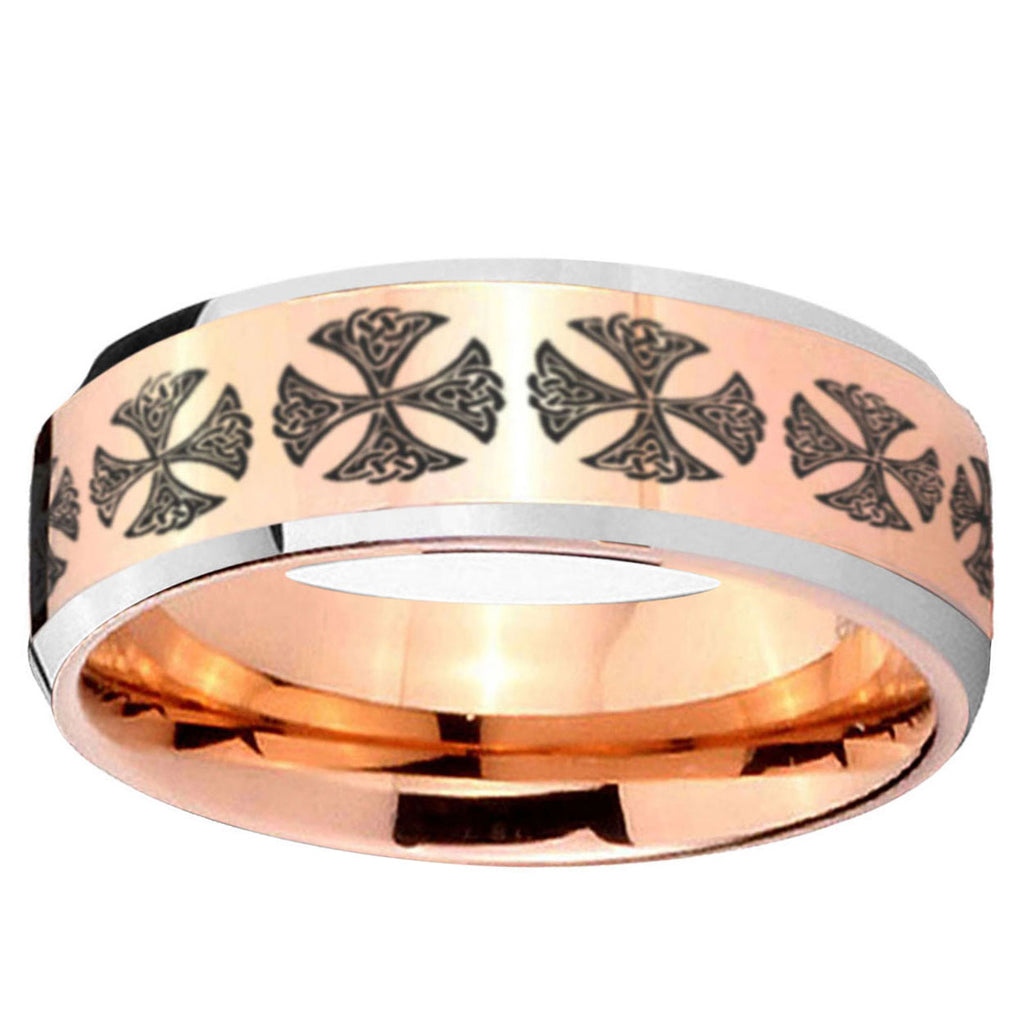 10mm Medieval Cross Beveled Edge Rose Gold Tungsten Wedding Bands Ring
