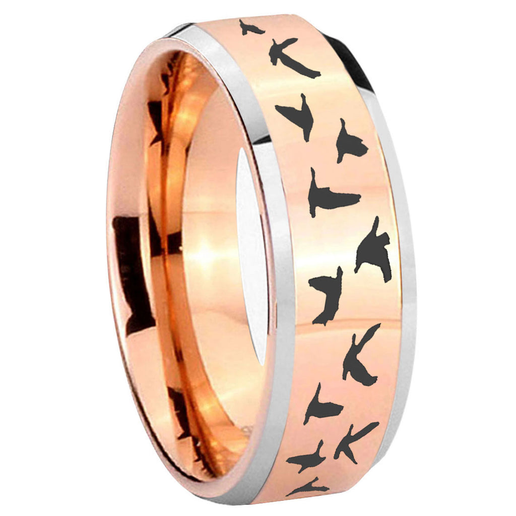 10mm Flying Geese Hunting Beveled Edges Rose Gold Tungsten Wedding Bands Ring