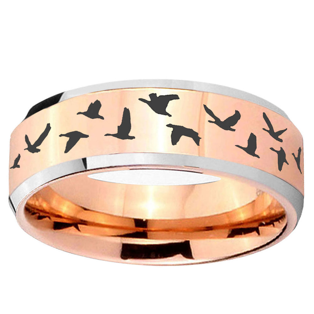 10mm Flying Geese Hunting Beveled Edge Rose Gold Tungsten Wedding Bands Ring