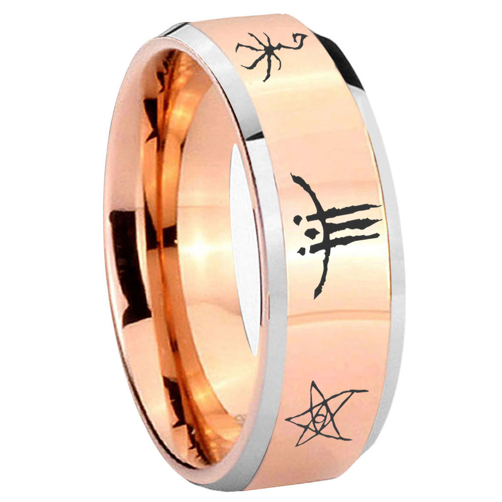 8MM Blackborne Caryll Runes Beveled Rose Gold Tungsten Wedding Band