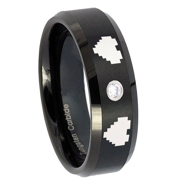8mm-Zelda-Heart-Step-Edges-Silver-Tungsten-Carbide-CZ-Custom-Mens-Ring