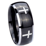 His and Hers Crosses Dome Glossy Black 2 Tone Tungsten Mens Promise Ring Set