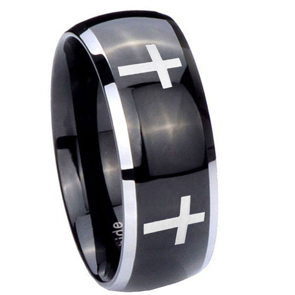 8mm Crosses Dome Glossy Black 2 Tone Tungsten Ring