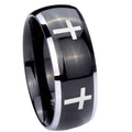 8mm Crosses Dome Glossy Black 2 Tone Tungsten Ring