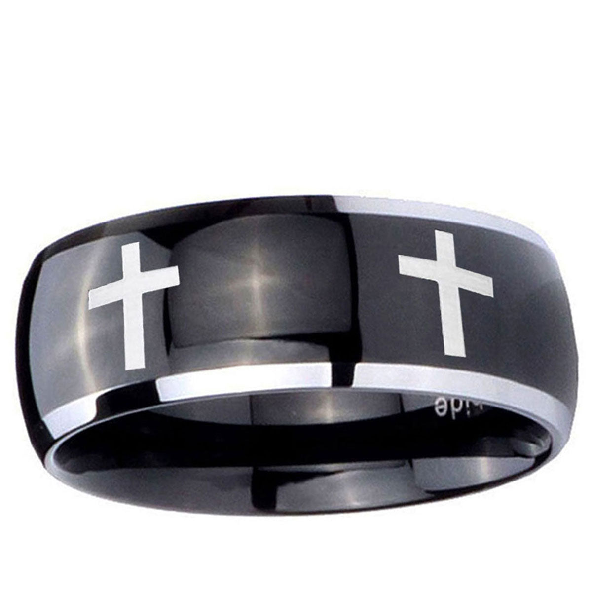 10mm Crosses Dome Glossy Black 2 Tone Tungsten Ring