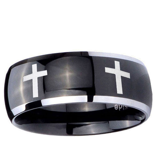 10mm Crosses Dome Glossy Black 2 Tone Tungsten Ring