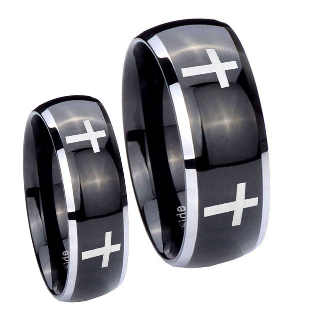 Crosses Dome Glossy Black 2 Tone Tungsten His And Hers Ring