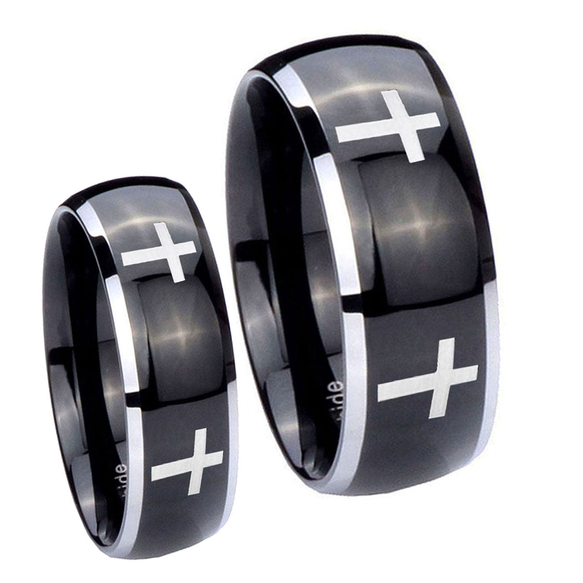 Crosses Dome Glossy Black 2 Tone Tungsten His And Hers Ring