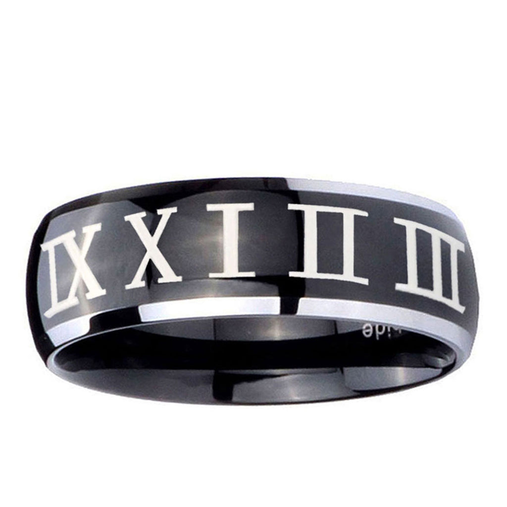10mm Roman Numeral Dome Glossy Black 2 Tone Tungsten Ring
