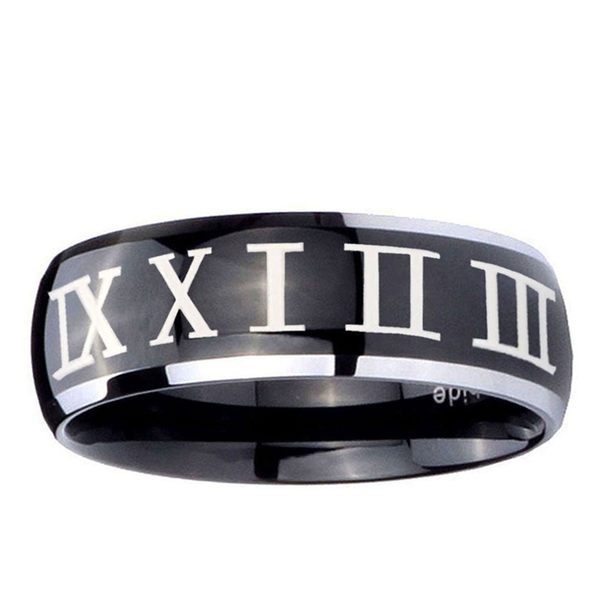 10mm Roman Numeral Dome Glossy Black 2 Tone Tungsten Ring