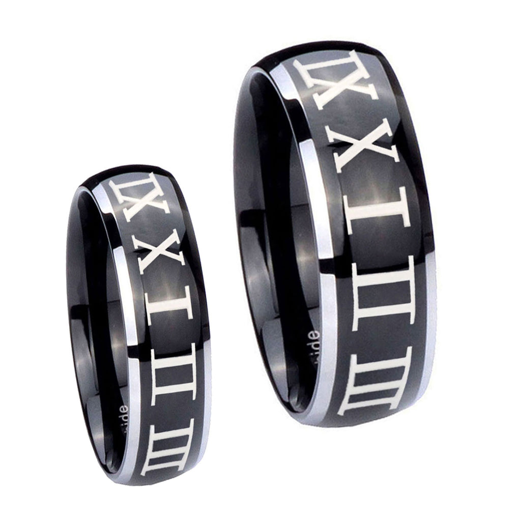 Roman Numeral Dome Glossy Black 2 Tone Tungsten Bridal Ring Set