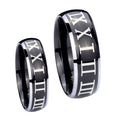 Roman Numeral Dome Glossy Black 2 Tone Tungsten Bridal Ring Set