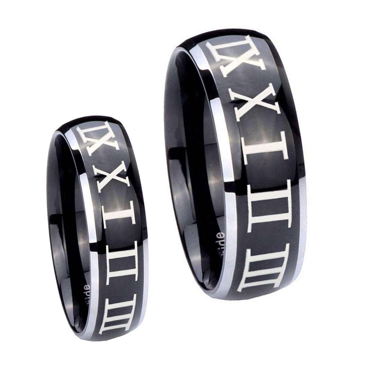Roman Numeral Dome Glossy Black 2 Tone Tungsten Bridal Ring Set
