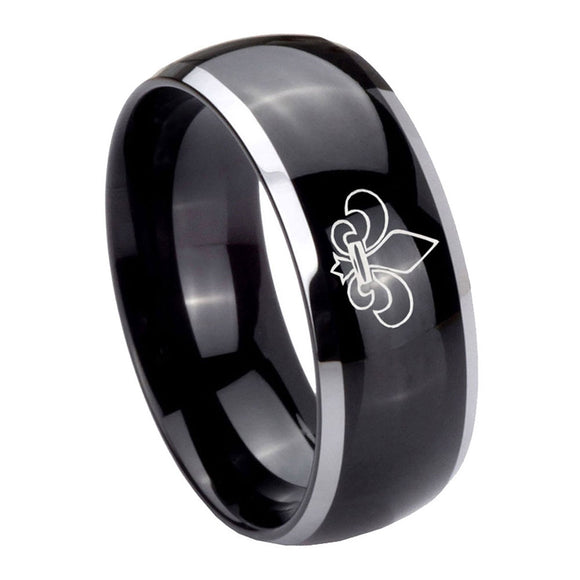 10mm-Fleur-De-Lis-Dome-Glossy-Black-2-Tone-Tungsten-Carbide-Engraved-Ring