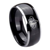 10mm-Fleur-De-Lis-Dome-Glossy-Black-2-Tone-Tungsten-Carbide-Engraved-Ring