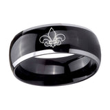 10mm-Fleur-De-Lis-Dome-Glossy-Black-2-Tone-Tungsten-Carbide-Engraved-Ring