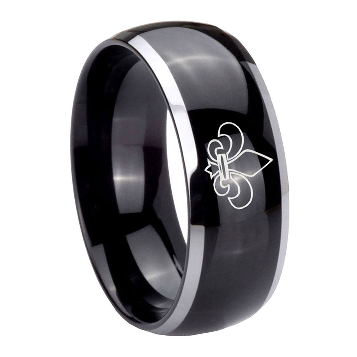 10mm Fleur Delis Dome Glossy Black 2 Tone Tungsten Carbide Engraved Ring
