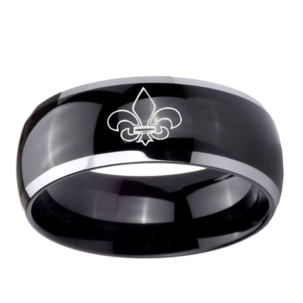 10mm Fleur-De-Lis Dome Glossy Black 2 Tone Tungsten Ring