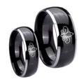Fleur De Lis Dome Glossy Black 2 Tone Tungsten Bridal Ring Set